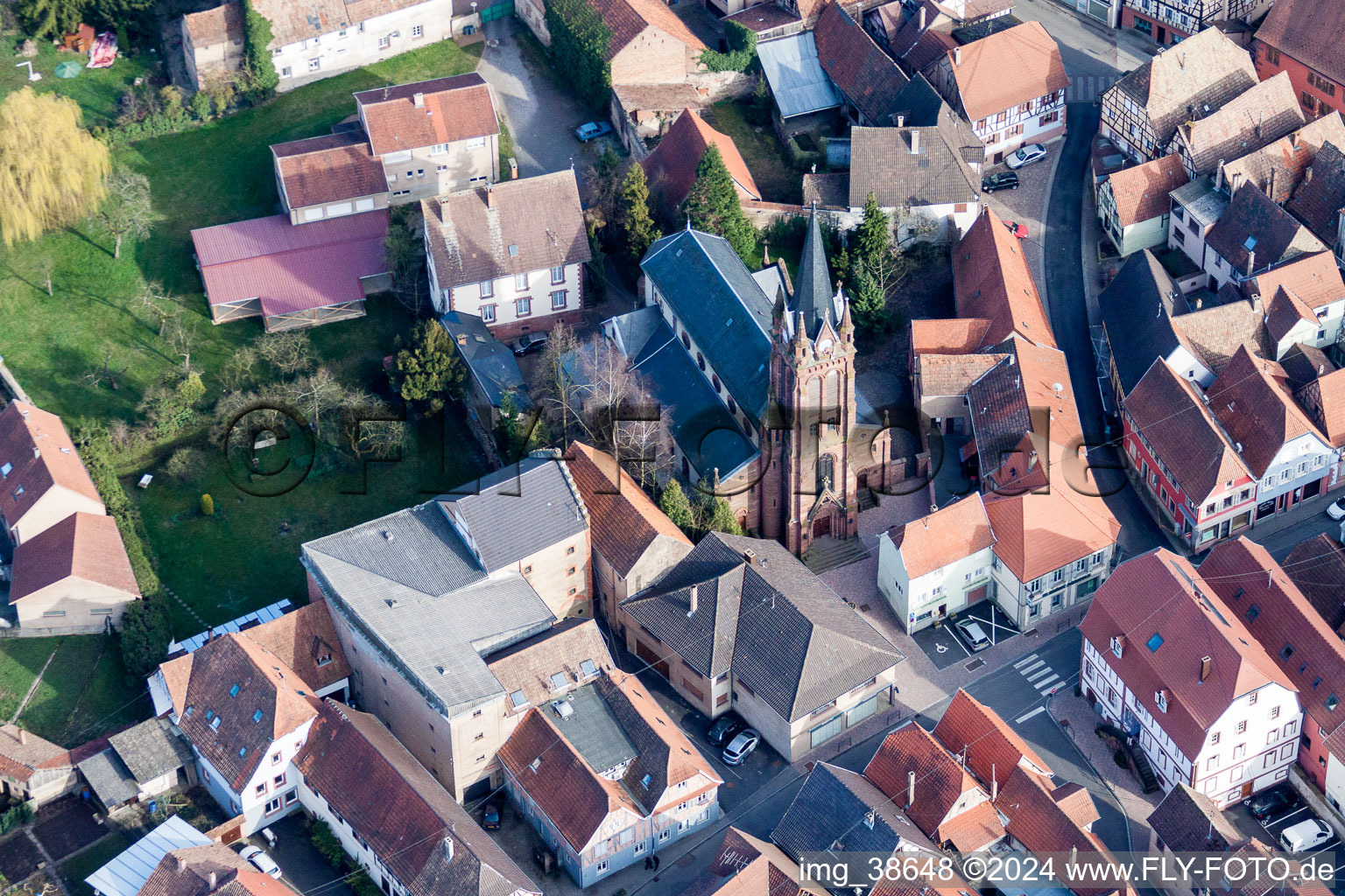 Aerial view of The city center in the downtown area in Pfaffenhoffen in Grand Est, France