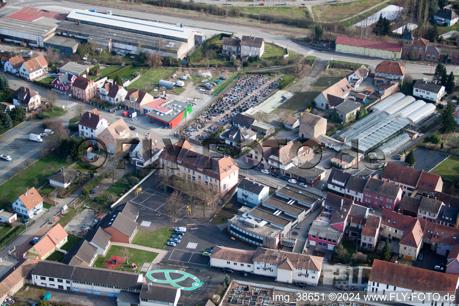 Pfaffenhoffen in the state Bas-Rhin, France seen from a drone