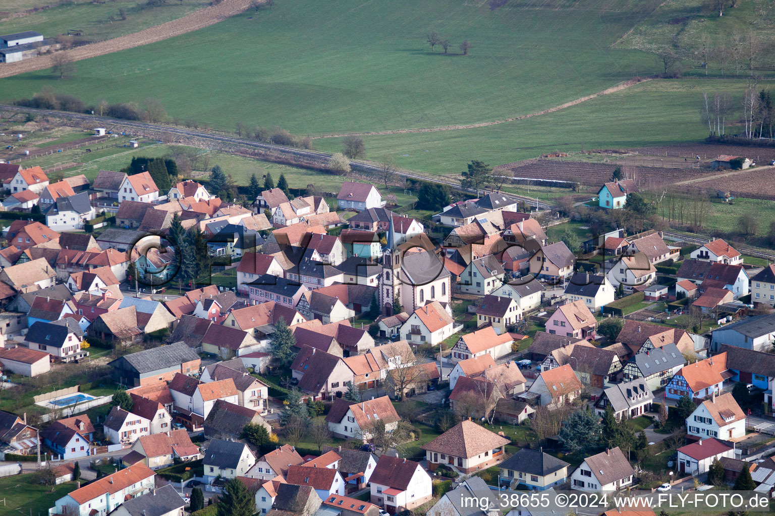 Pfaffenhoffen in the state Bas-Rhin, France from above