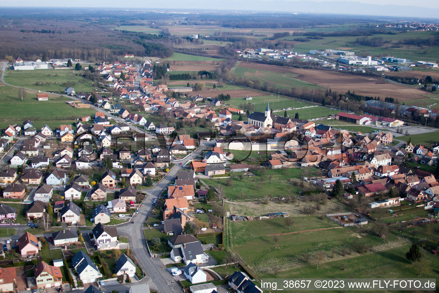 Pfaffenhoffen in the state Bas-Rhin, France seen from above