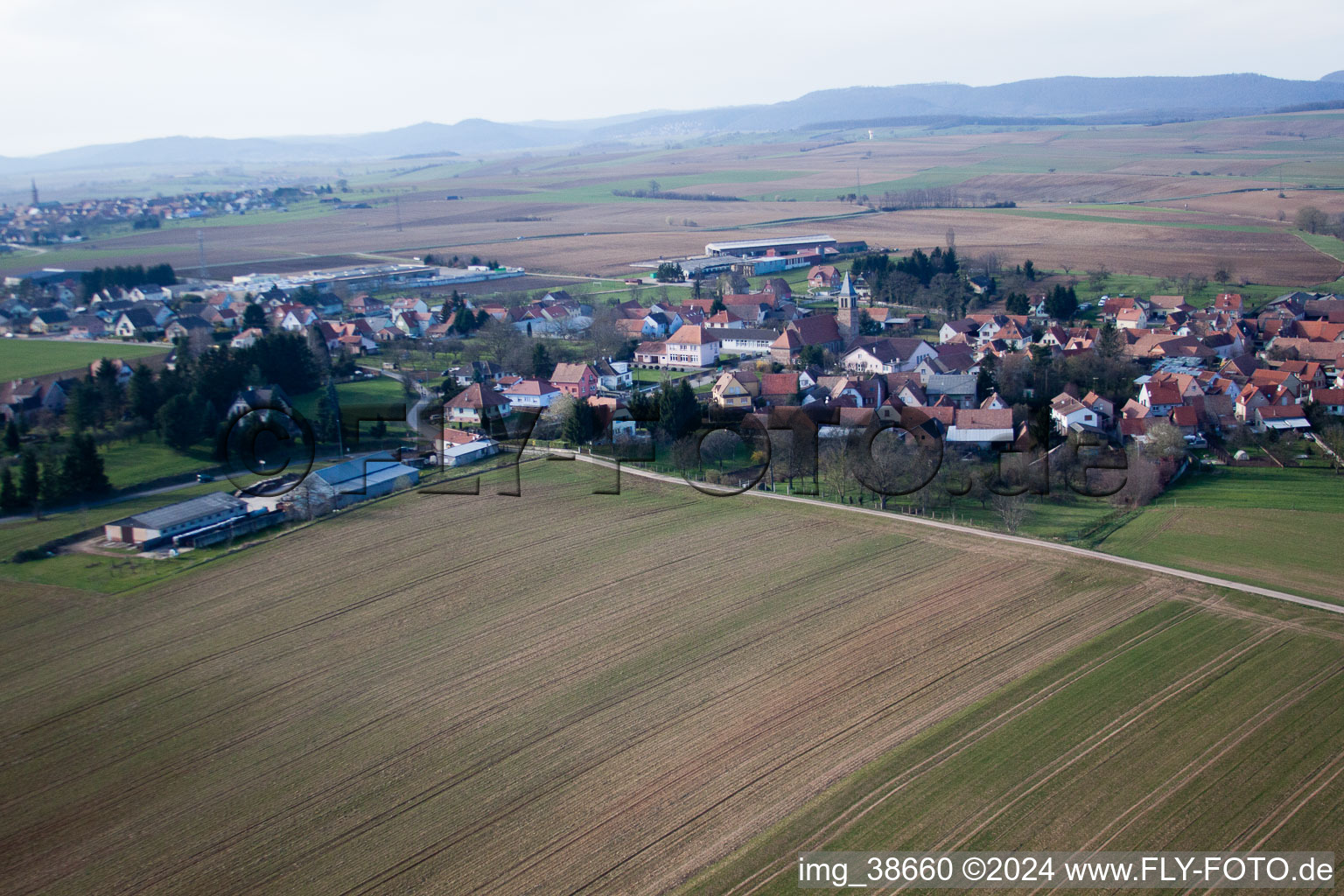 Pfaffenhoffen in the state Bas-Rhin, France viewn from the air