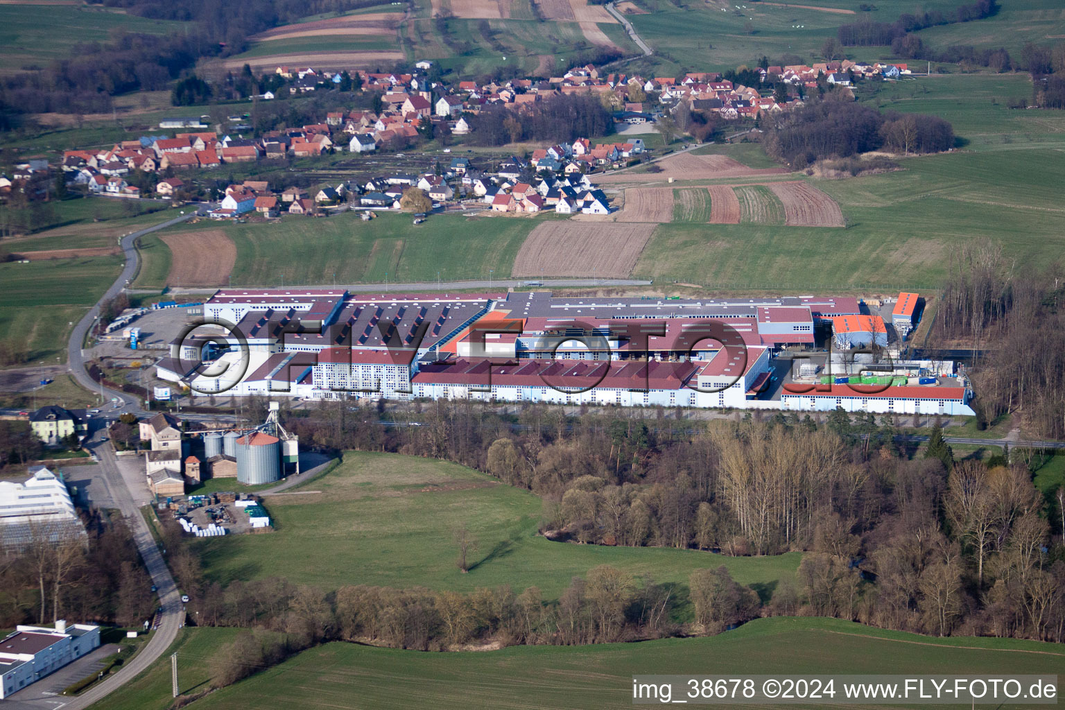 Aerial view of Building and production halls on the premises of Tryba in Gundershoffen in Grand Est, France