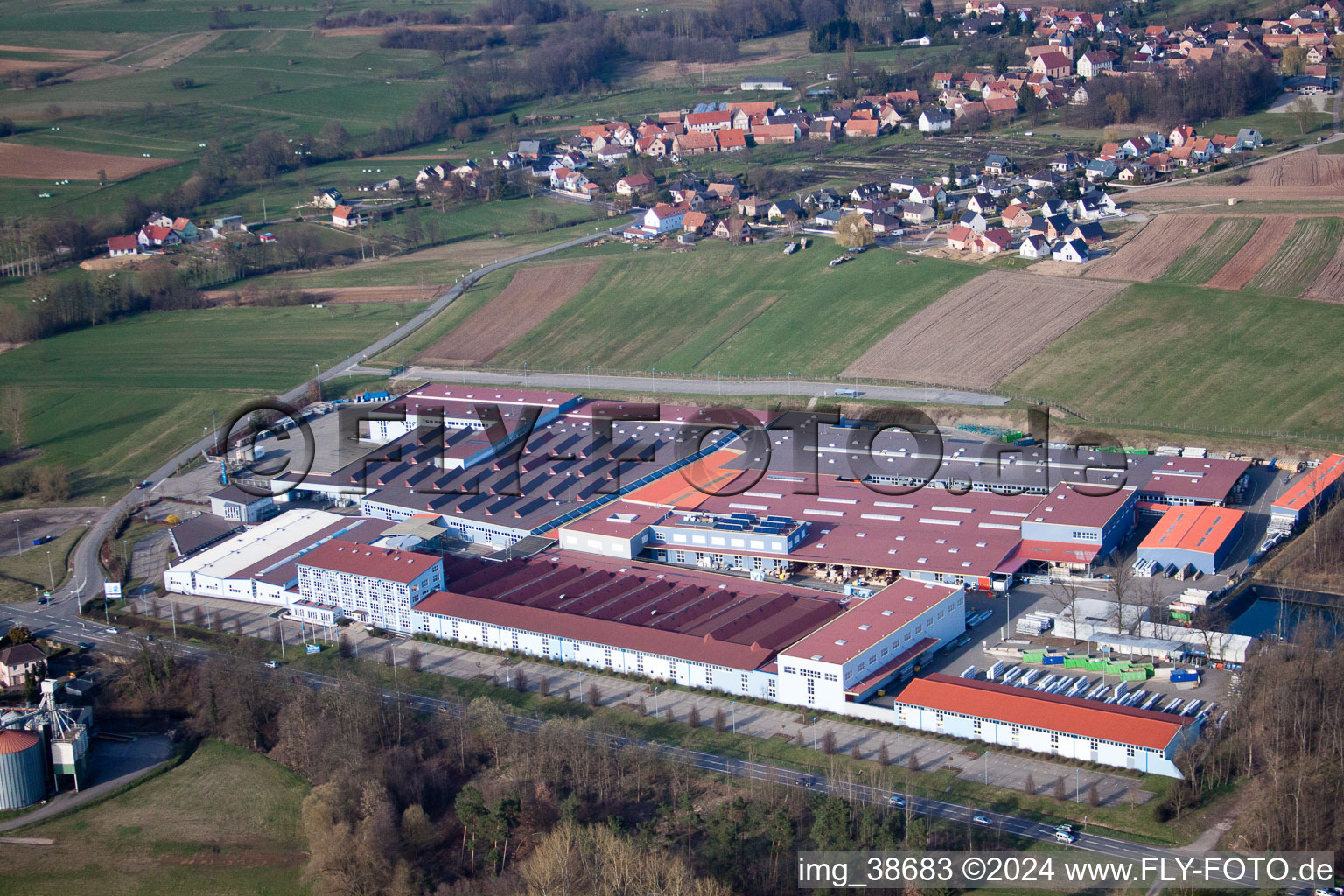 Aerial photograpy of Building and production halls on the premises of Tryba in Gundershoffen in Grand Est, France