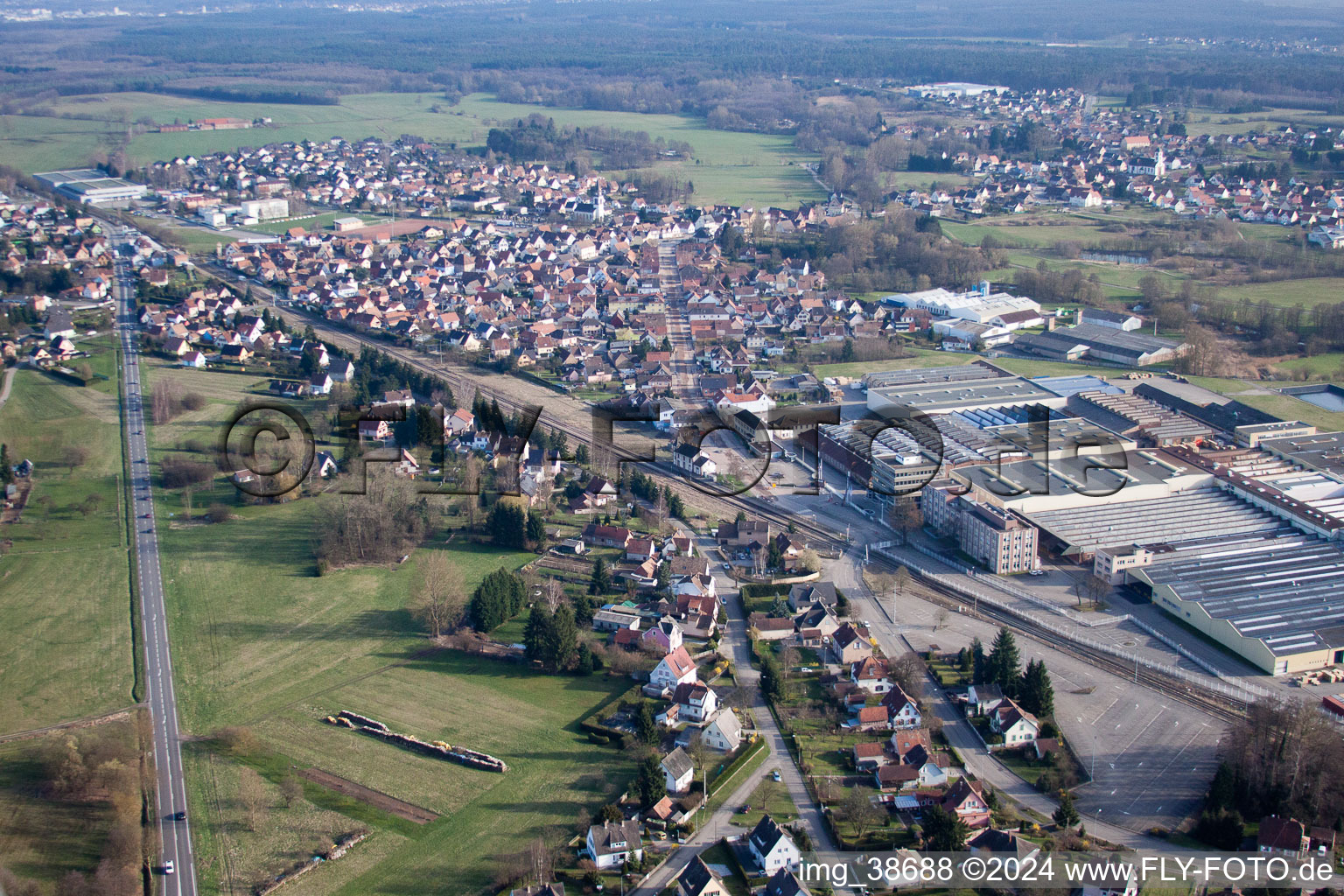 Aerial view of Town View of the streets and houses of the residential areas in Mertzwiller in Grand Est, France