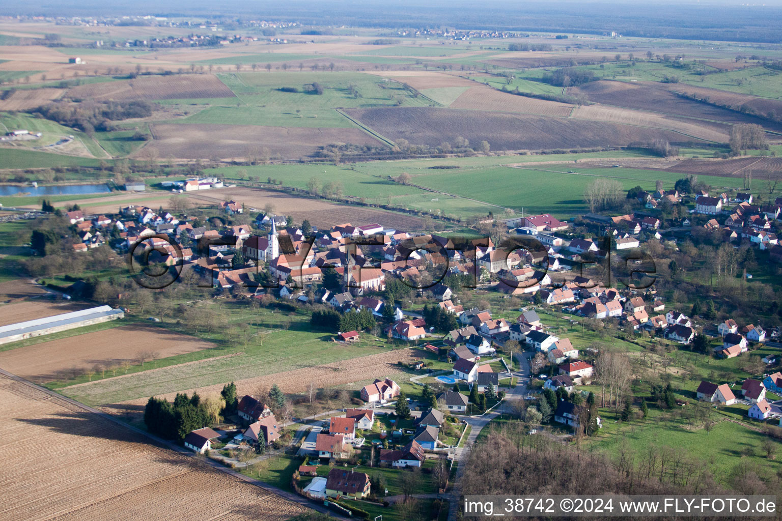 Kutzenhausen in the state Bas-Rhin, France seen from a drone