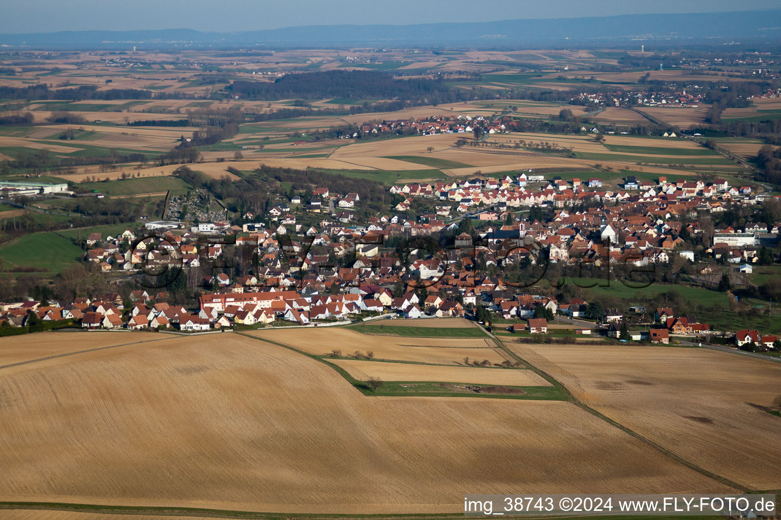 Aerial view of Kutzenhausen in the state Bas-Rhin, France