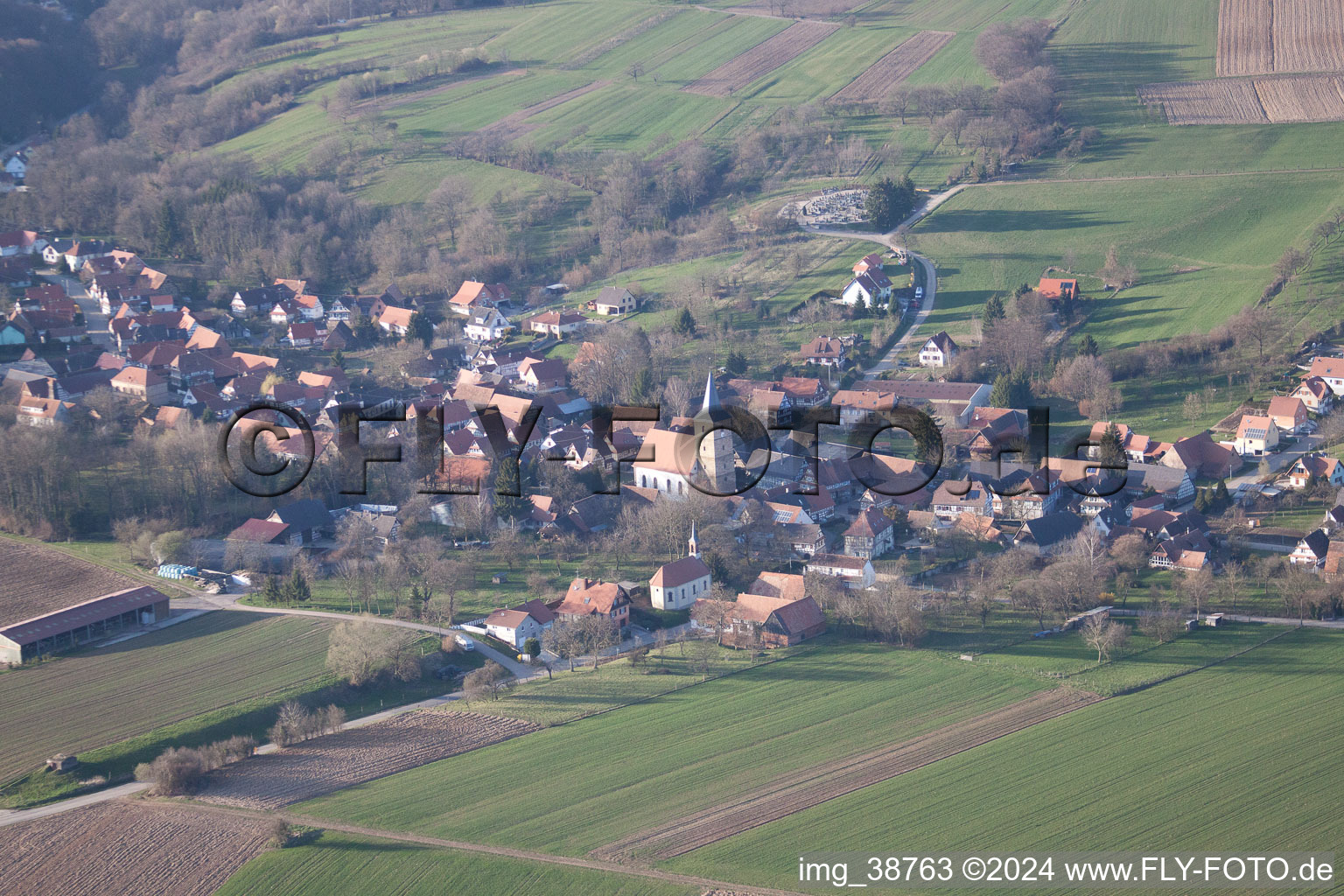 Drachenbronn-Birlenbach in the state Bas-Rhin, France from a drone