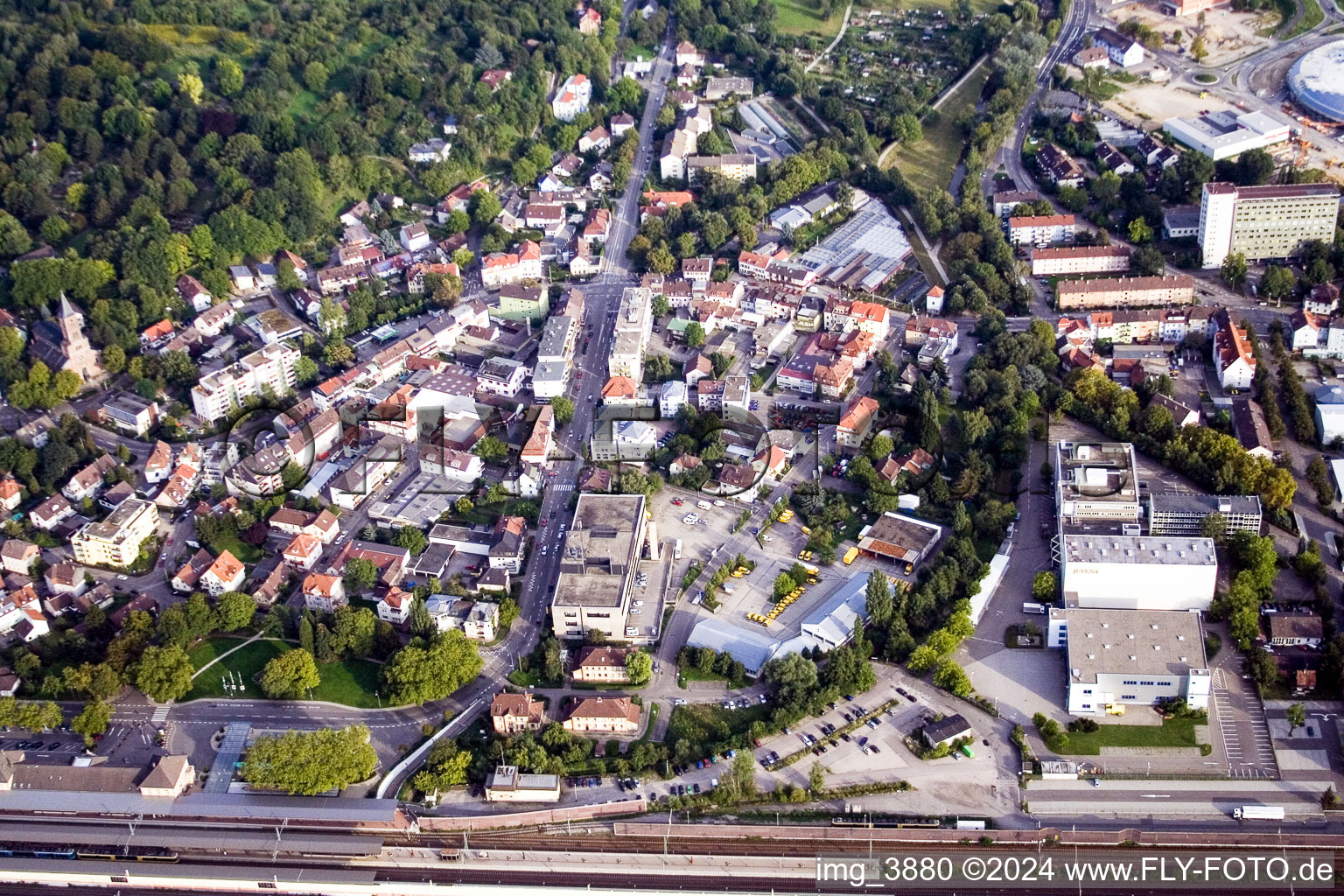 Aerial view of Ooser Bahnhofstr in the district Oos in Baden-Baden in the state Baden-Wuerttemberg, Germany