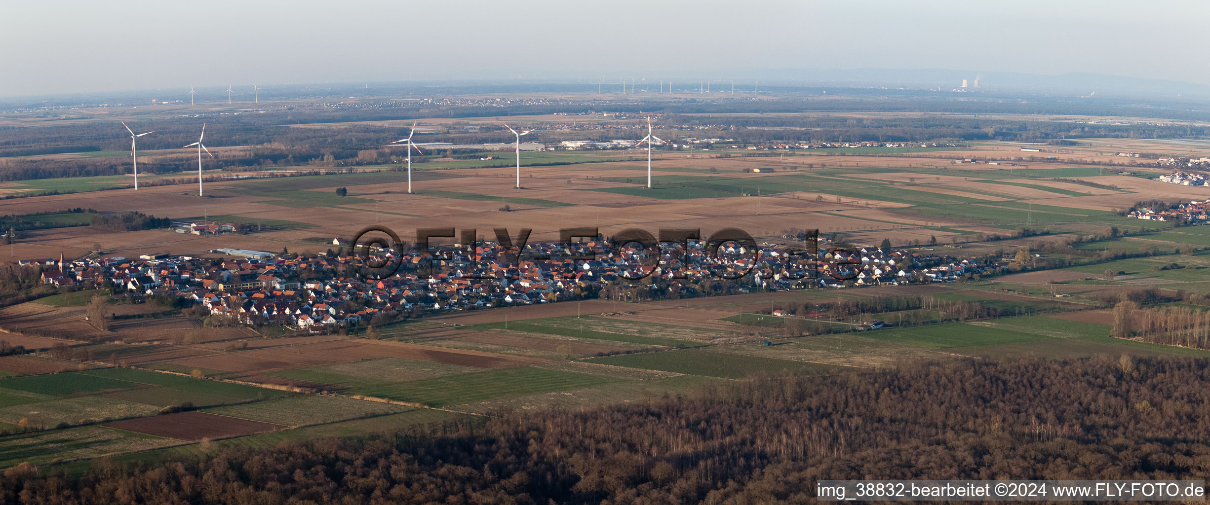 Aerial view of Minfeld in the state Rhineland-Palatinate, Germany