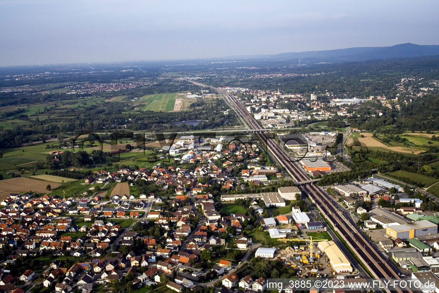 Railway line from the south in the district Kartung in Sinzheim in the state Baden-Wuerttemberg, Germany