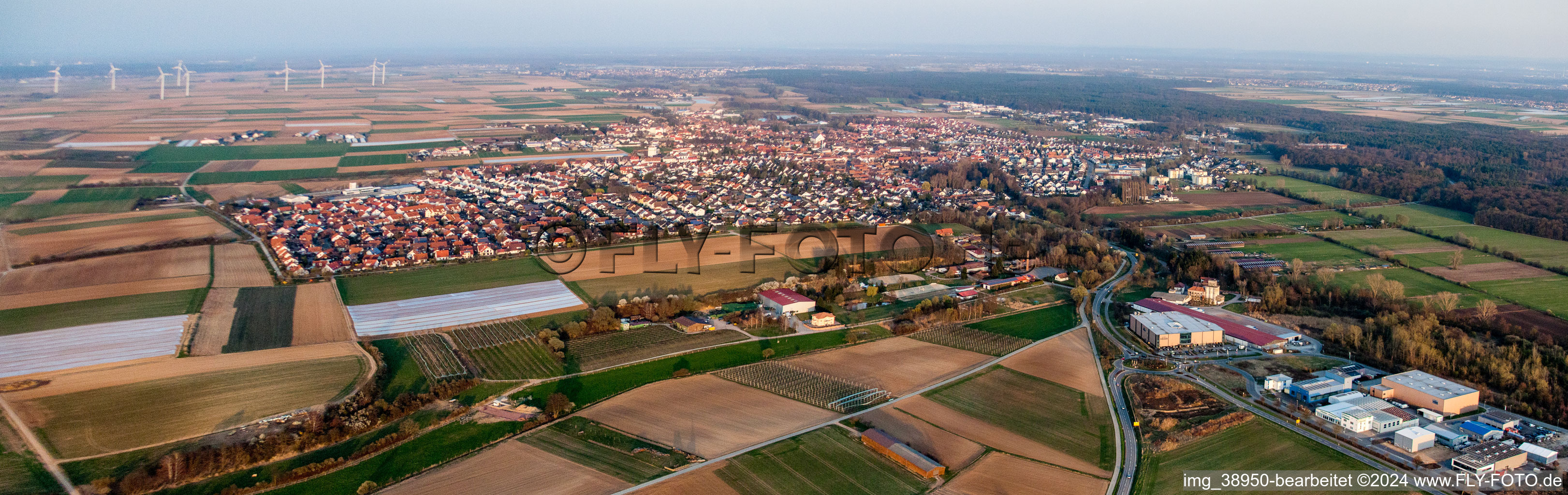 Aerial view of Panoramic perspective Town View of the streets and houses of the residential areas in Herxheim bei Landau (Pfalz) in the state Rhineland-Palatinate, Germany