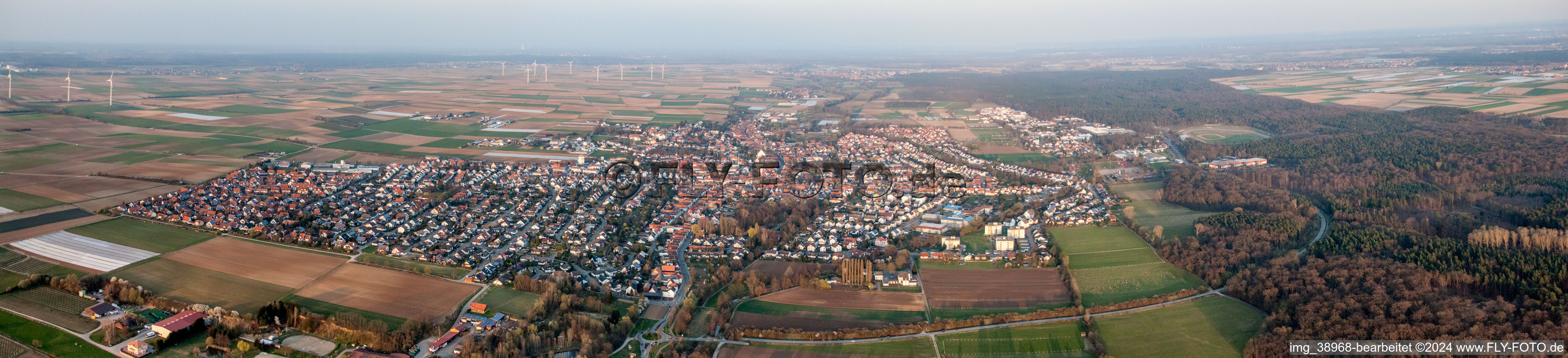 Aerial photograpy of Panoramic perspective Town View of the streets and houses of the residential areas in Herxheim bei Landau (Pfalz) in the state Rhineland-Palatinate, Germany