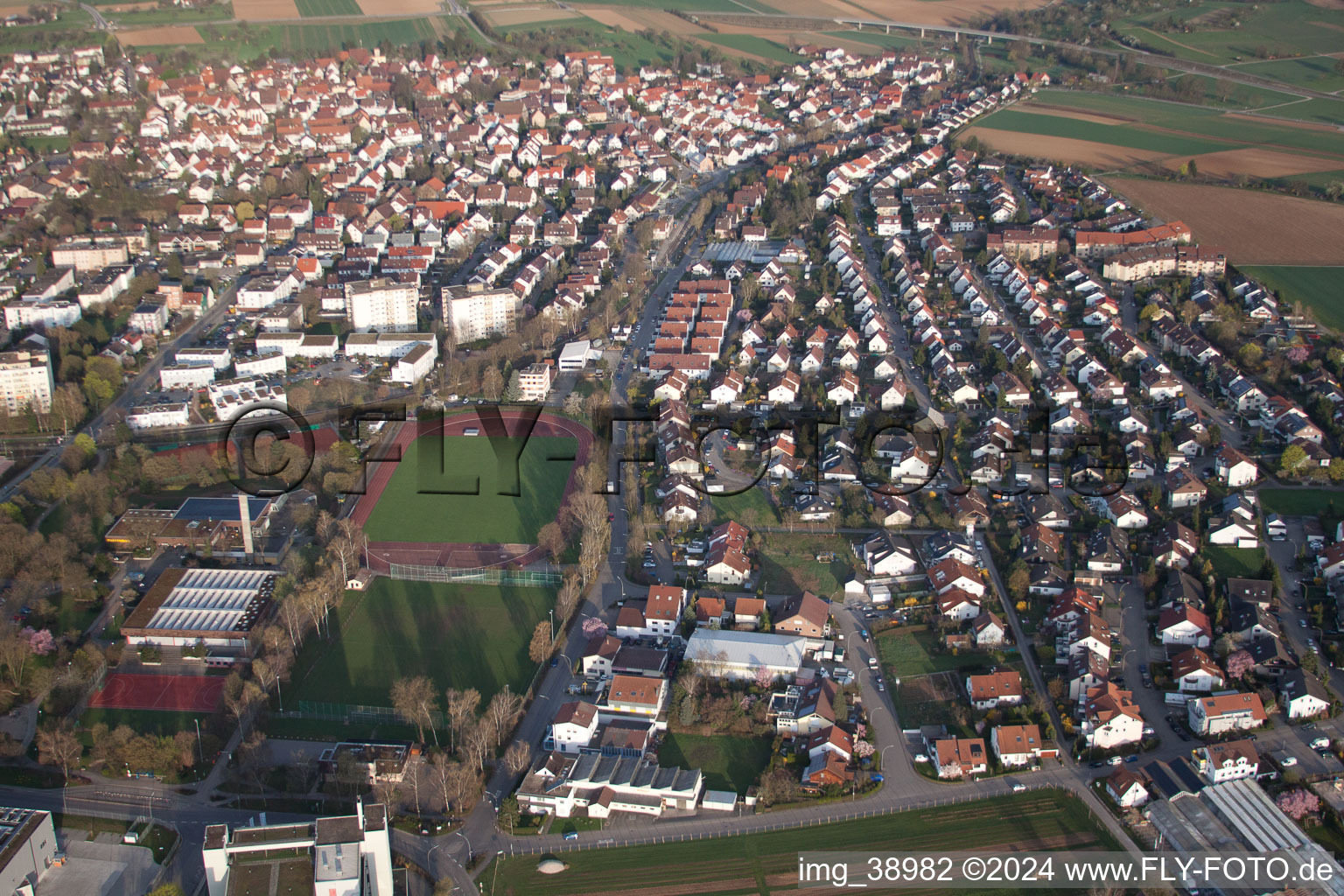 Oblique view of District Münchingen in Korntal-Münchingen in the state Baden-Wuerttemberg, Germany