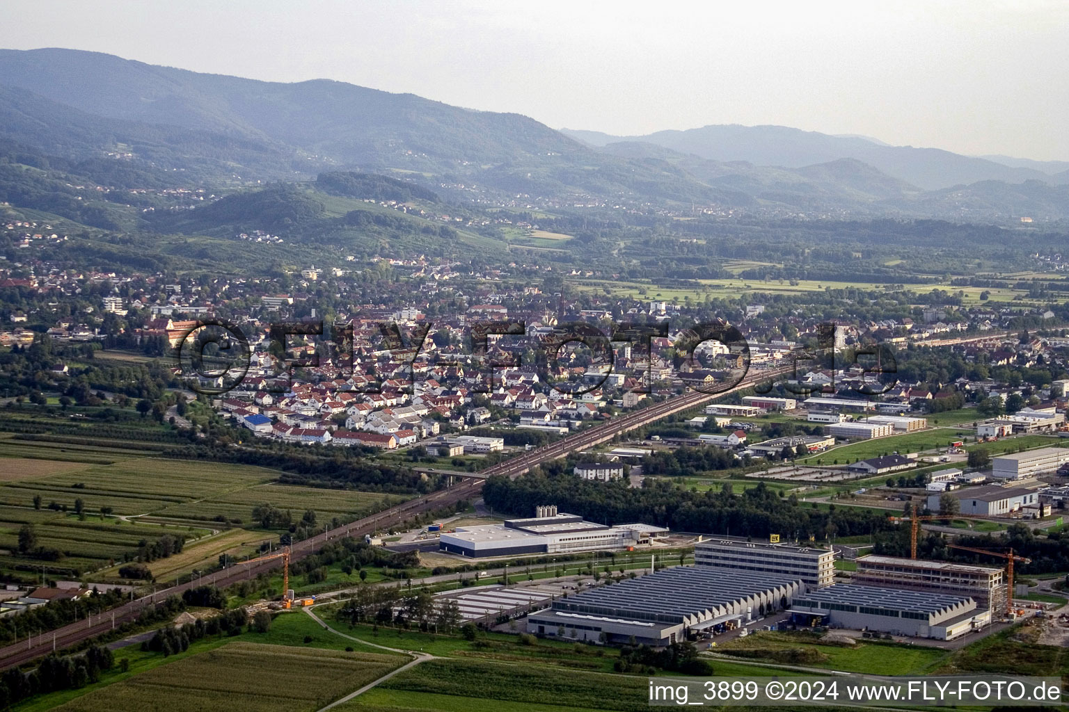 Aerial view of Industrial area with Schäffler Automotive in Bühl in the state Baden-Wuerttemberg, Germany