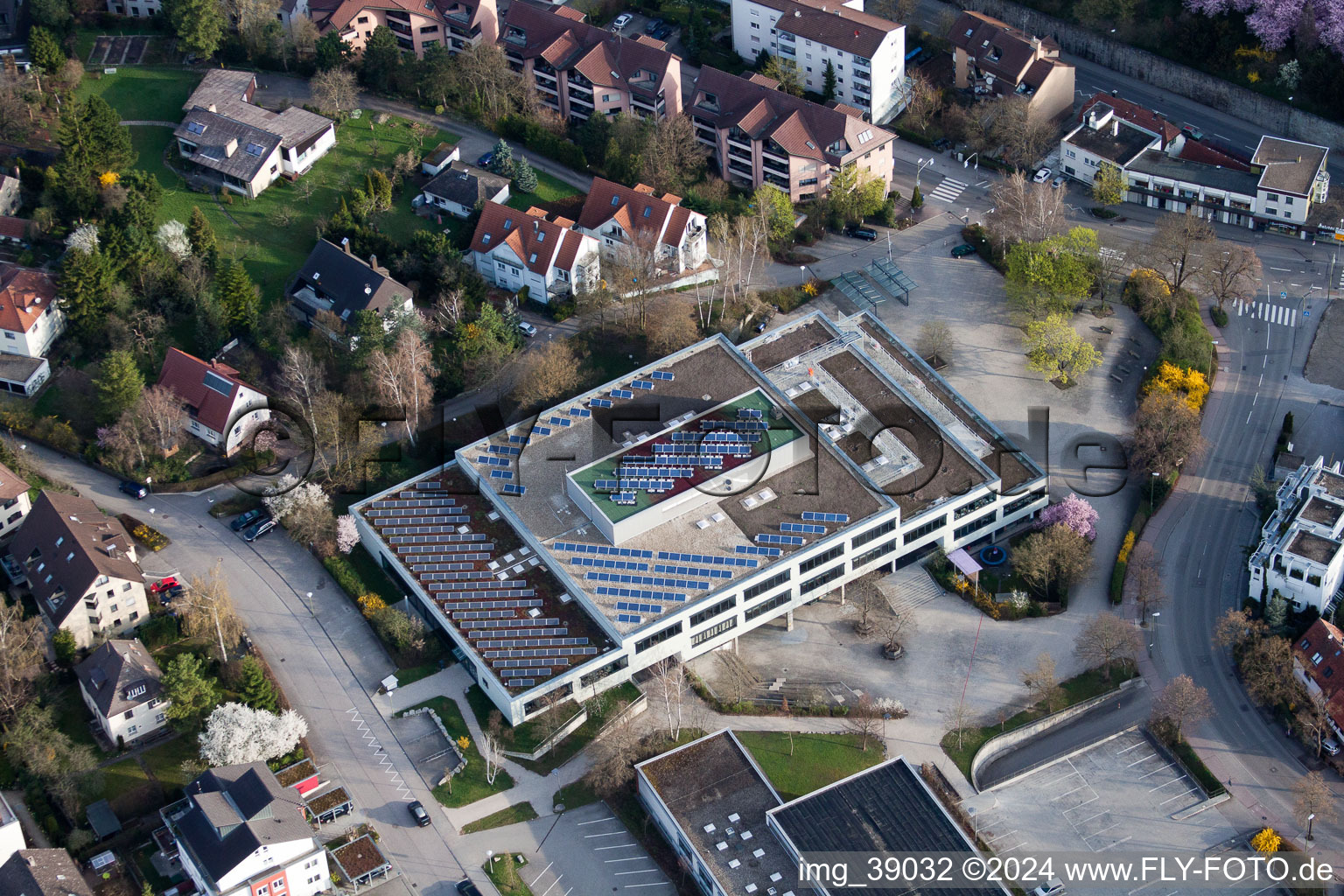 Johannes Kepler High School, Lindenstr in Leonberg in the state Baden-Wuerttemberg, Germany from above