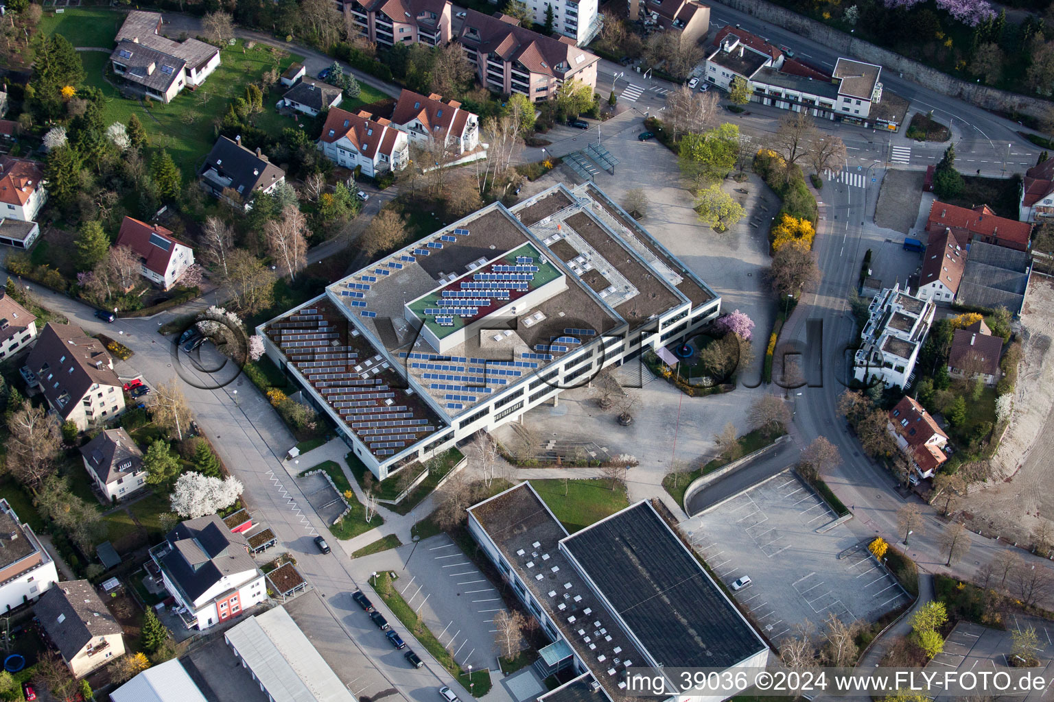 Johannes Kepler High School, Lindenstr in Leonberg in the state Baden-Wuerttemberg, Germany from the plane