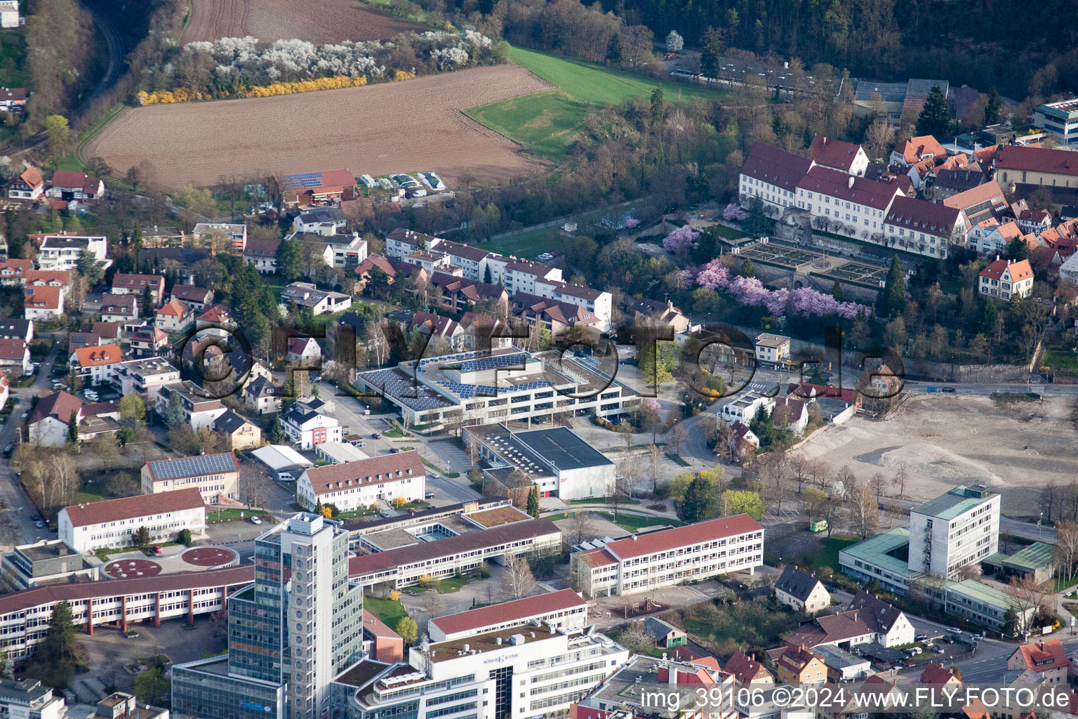 Johannes Kepler High School, Lindenstr in Leonberg in the state Baden-Wuerttemberg, Germany viewn from the air