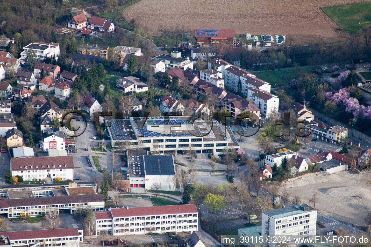 Drone recording of Johannes Kepler High School, Lindenstr in Leonberg in the state Baden-Wuerttemberg, Germany