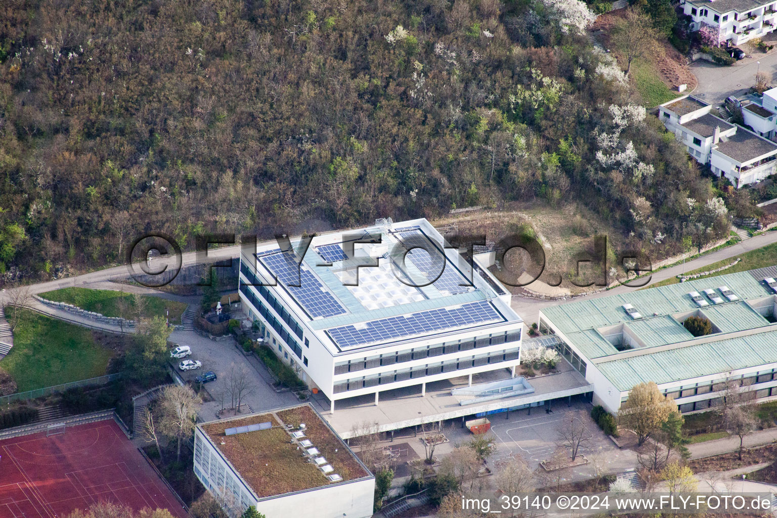 Aerial view of August Lämmle School, Gerlinger Straße in the district Ramtel in Leonberg in the state Baden-Wuerttemberg, Germany