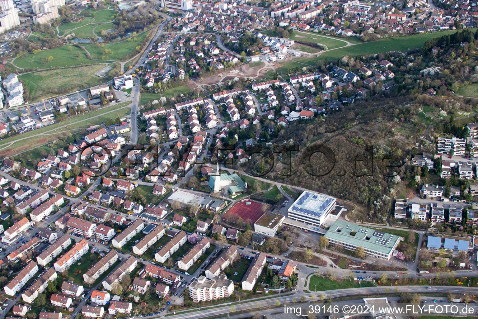 Aerial photograpy of August Lämmle School, Gerlinger Straße in the district Ramtel in Leonberg in the state Baden-Wuerttemberg, Germany