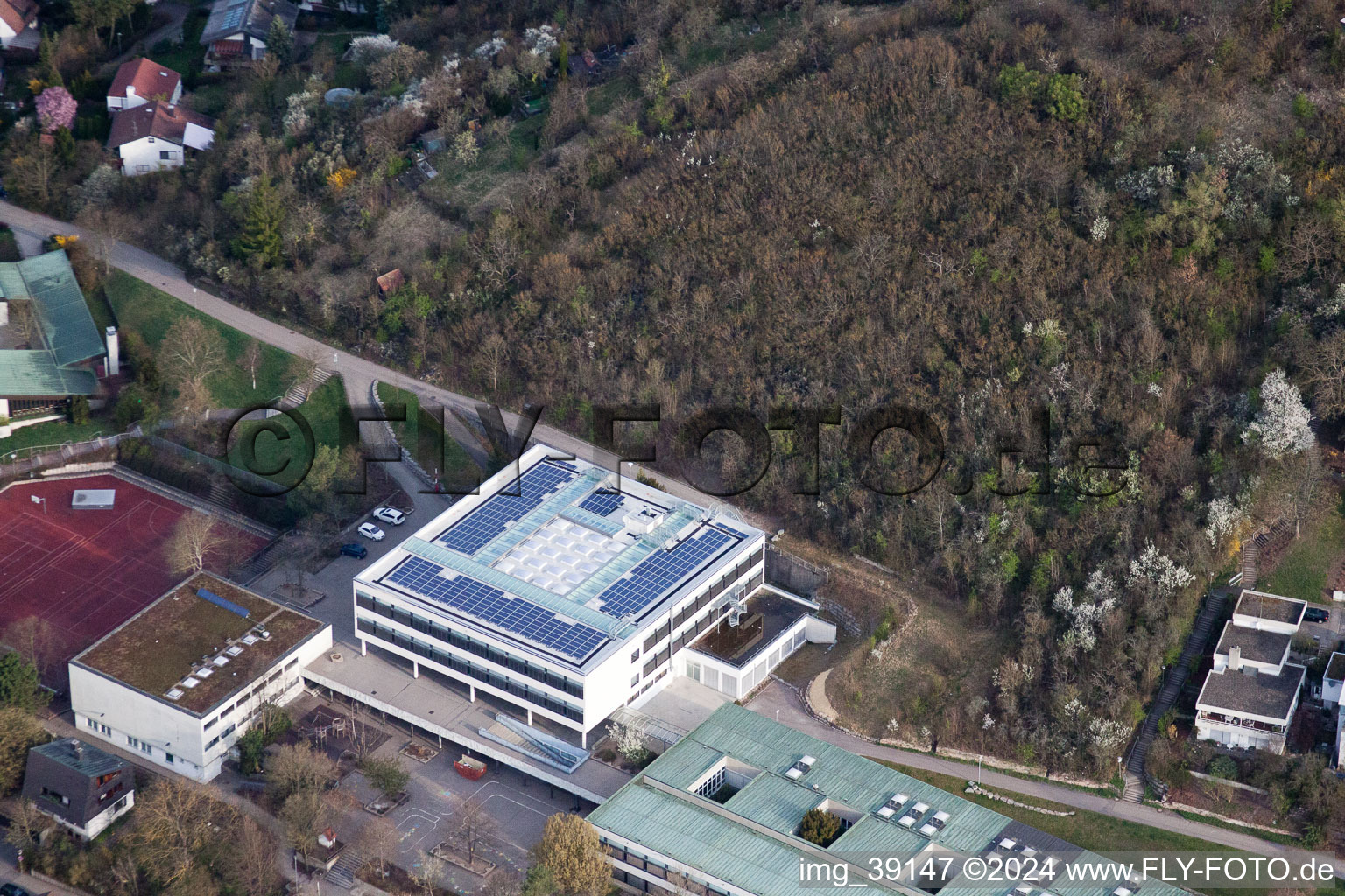 Oblique view of August Lämmle School, Gerlinger Straße in the district Ramtel in Leonberg in the state Baden-Wuerttemberg, Germany