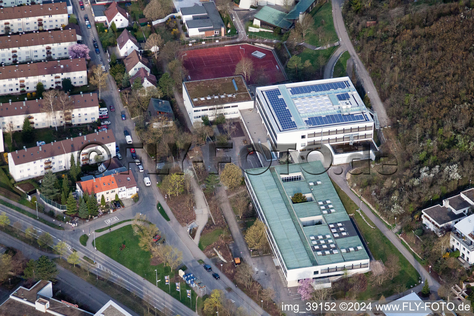 August Lämmle School, Gerlinger Straße in the district Ramtel in Leonberg in the state Baden-Wuerttemberg, Germany from above