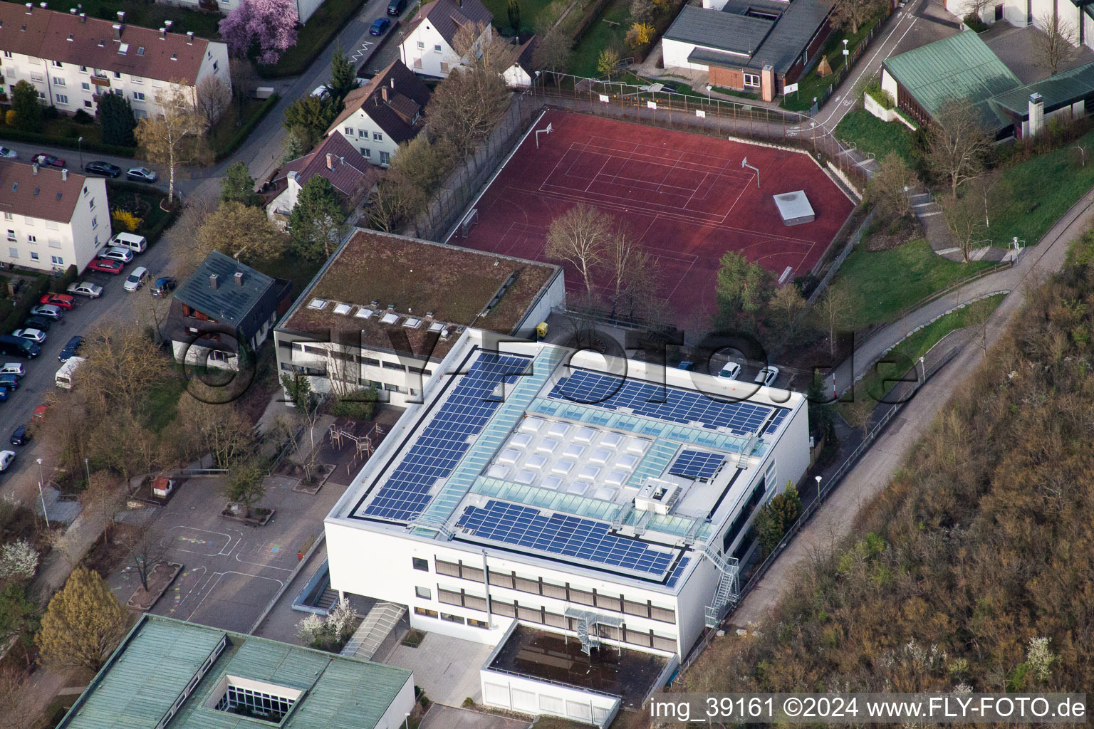 August Lämmle School, Gerlinger Straße in the district Ramtel in Leonberg in the state Baden-Wuerttemberg, Germany seen from above