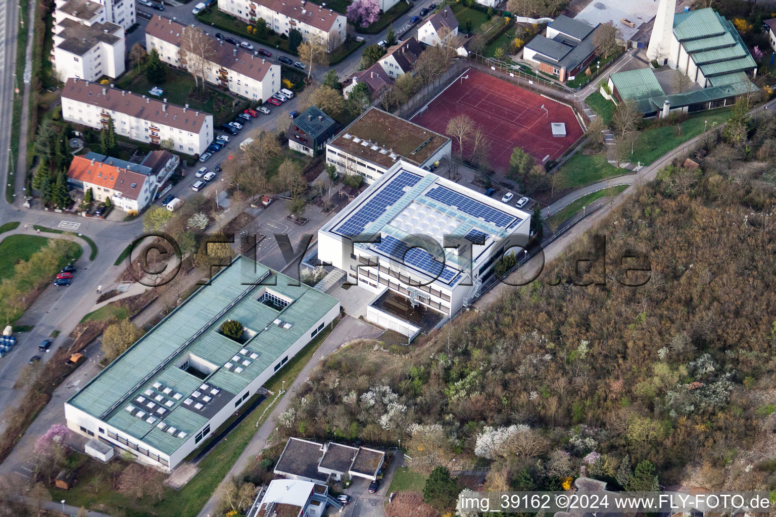 August Lämmle School, Gerlinger Straße in the district Ramtel in Leonberg in the state Baden-Wuerttemberg, Germany from the plane