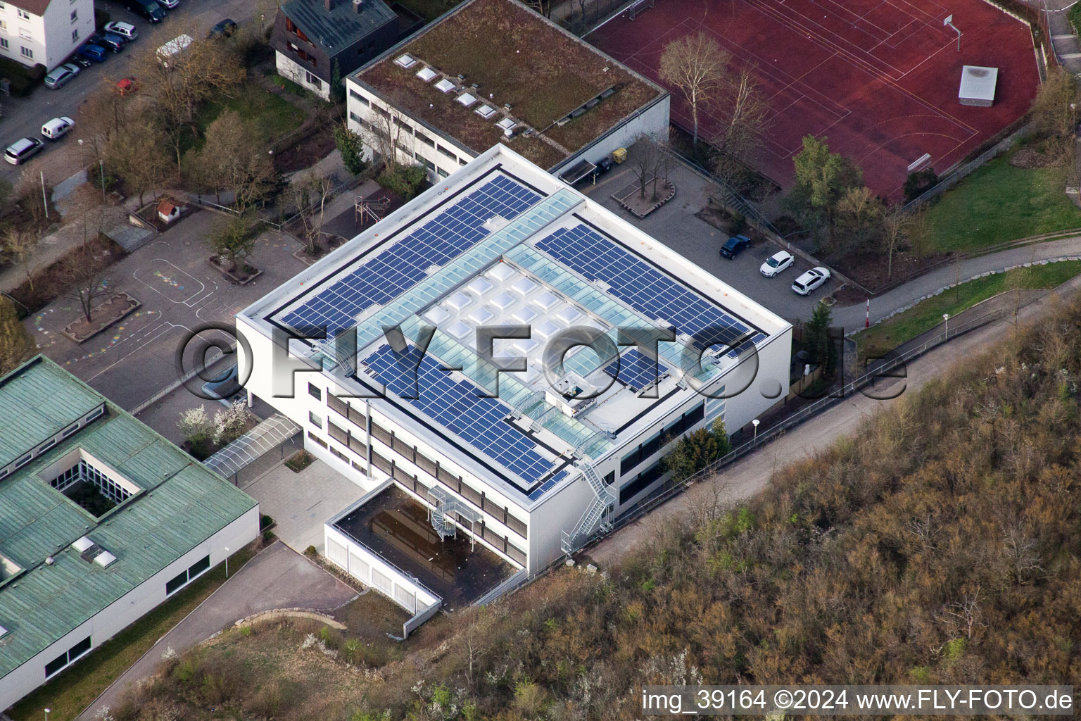 Bird's eye view of August Lämmle School, Gerlinger Straße in the district Ramtel in Leonberg in the state Baden-Wuerttemberg, Germany