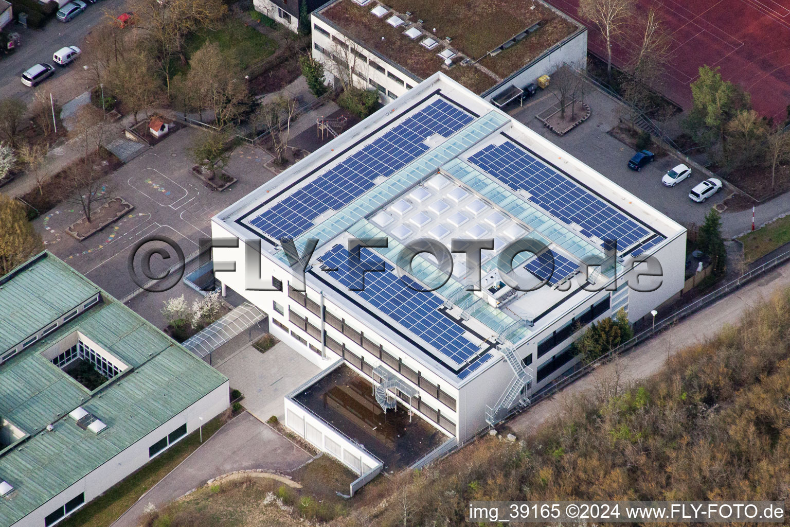 August Lämmle School, Gerlinger Straße in the district Ramtel in Leonberg in the state Baden-Wuerttemberg, Germany viewn from the air