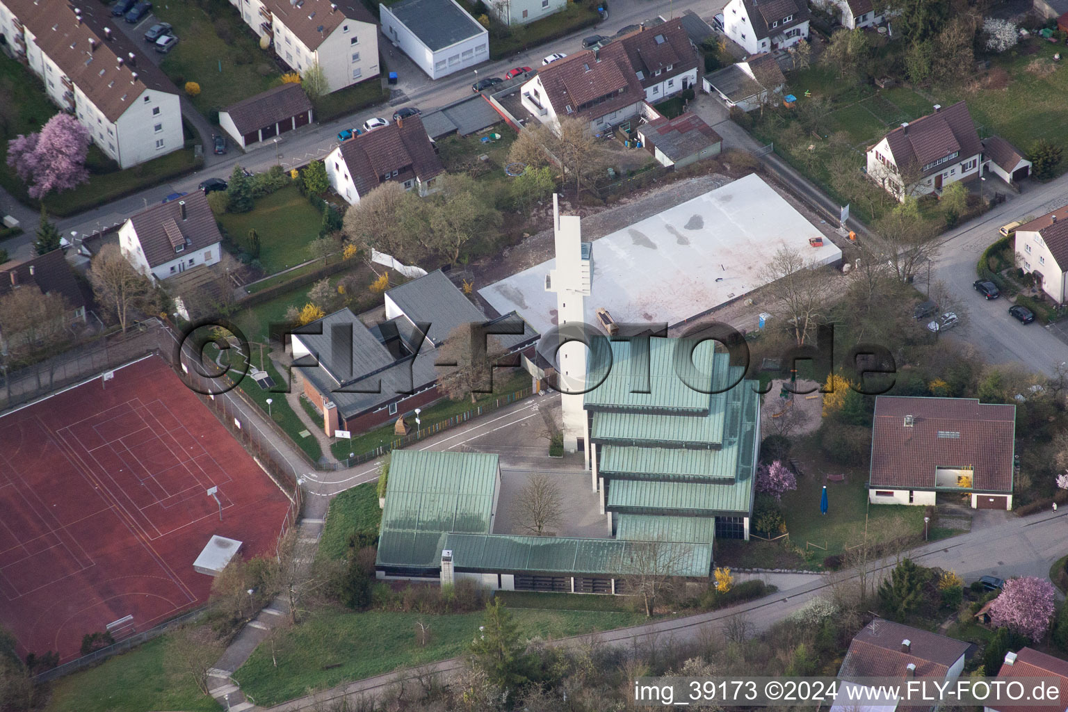 Aerial view of Church of Reconciliation in the district Ramtel in Leonberg in the state Baden-Wuerttemberg, Germany