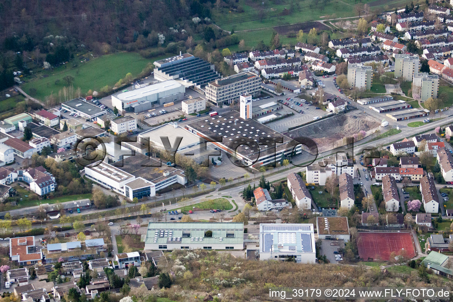 Drone recording of August Lämmle School, Gerlinger Straße in the district Ramtel in Leonberg in the state Baden-Wuerttemberg, Germany