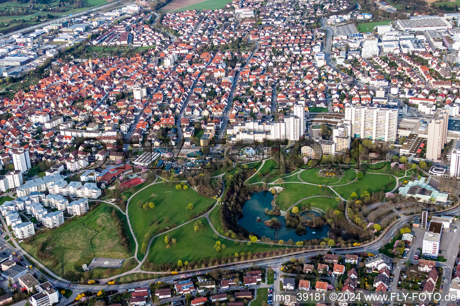 Oblique view of Park of with Parksee in Leonberg in the state Baden-Wurttemberg, Germany