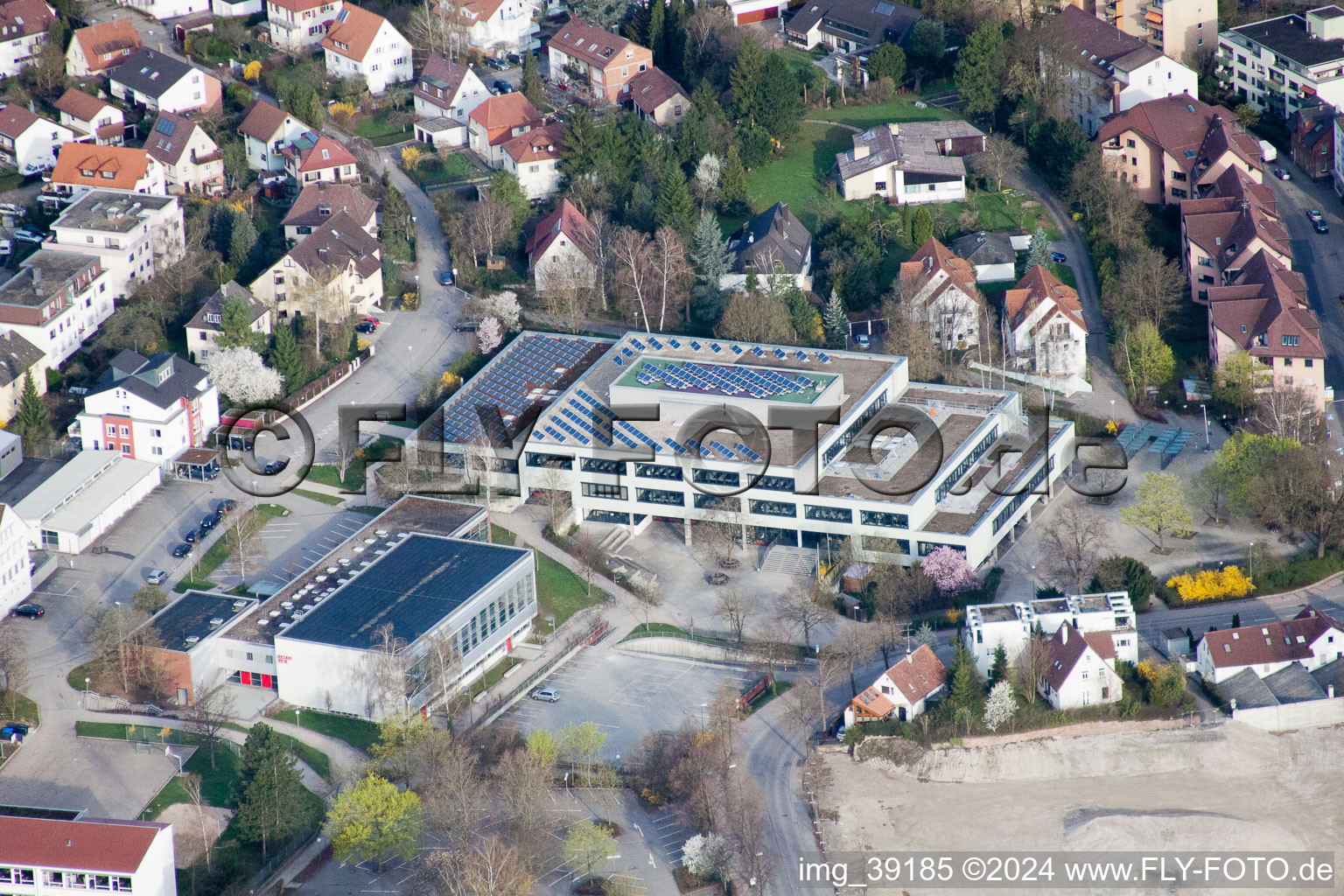 Johannes Kepler High School, Lindenstr in Leonberg in the state Baden-Wuerttemberg, Germany from a drone