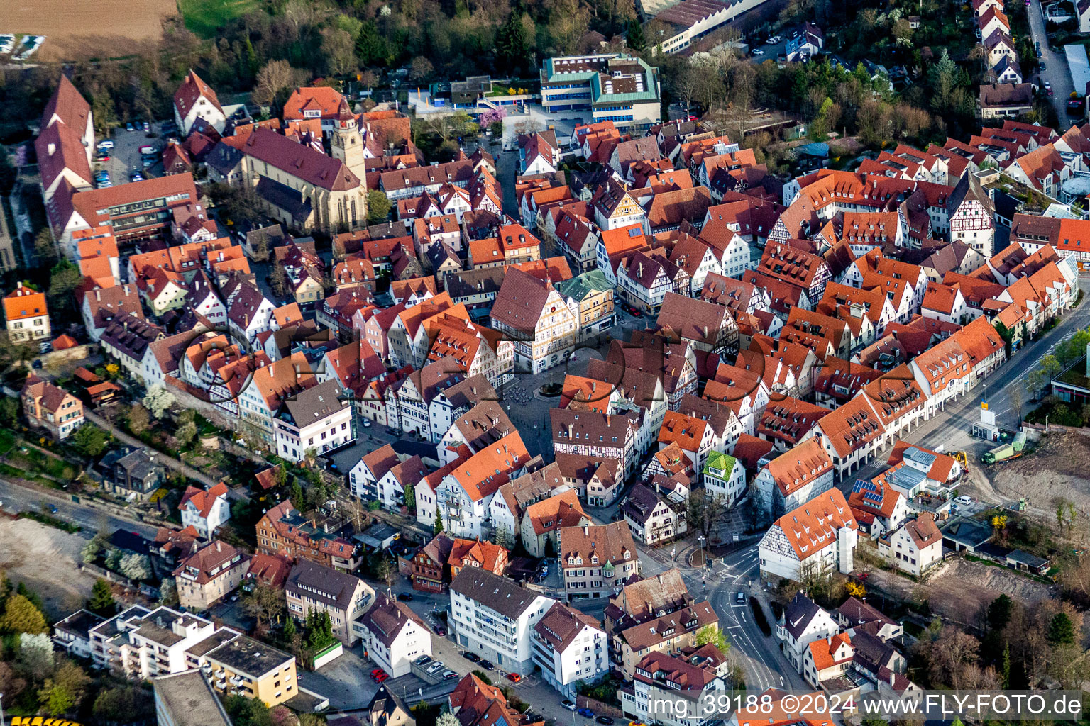 Aerial view of Old Town area and city center in Leonberg in the state Baden-Wurttemberg, Germany