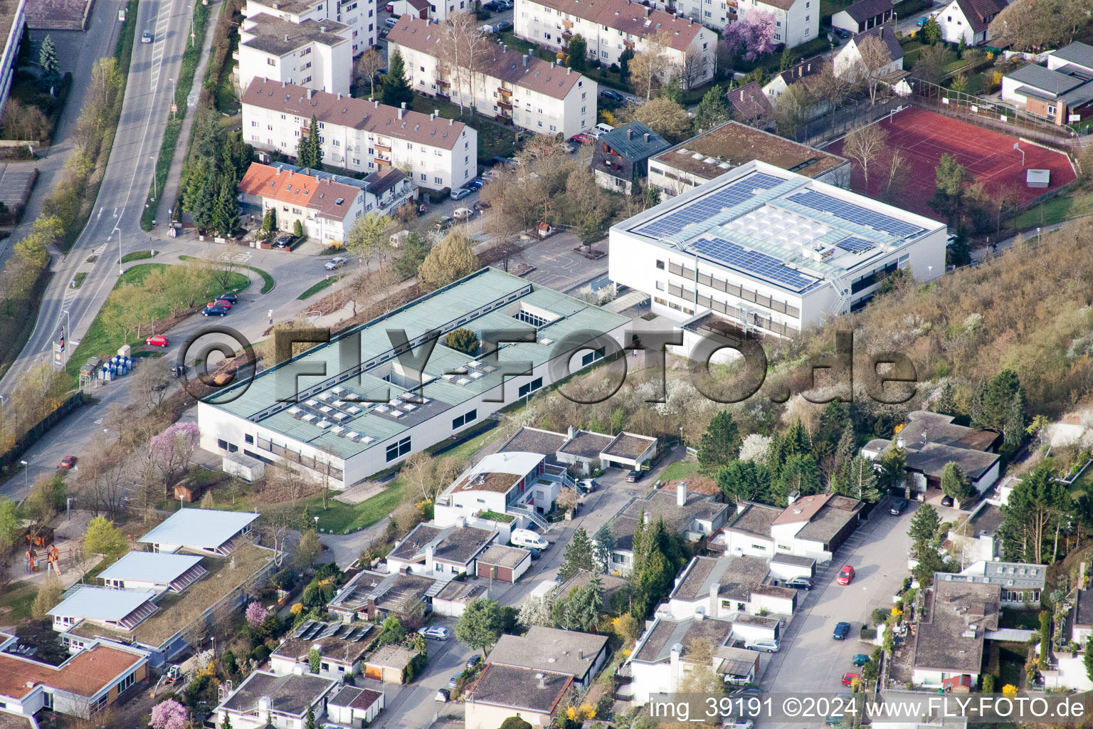 Drone image of August Lämmle School, Gerlinger Straße in the district Ramtel in Leonberg in the state Baden-Wuerttemberg, Germany