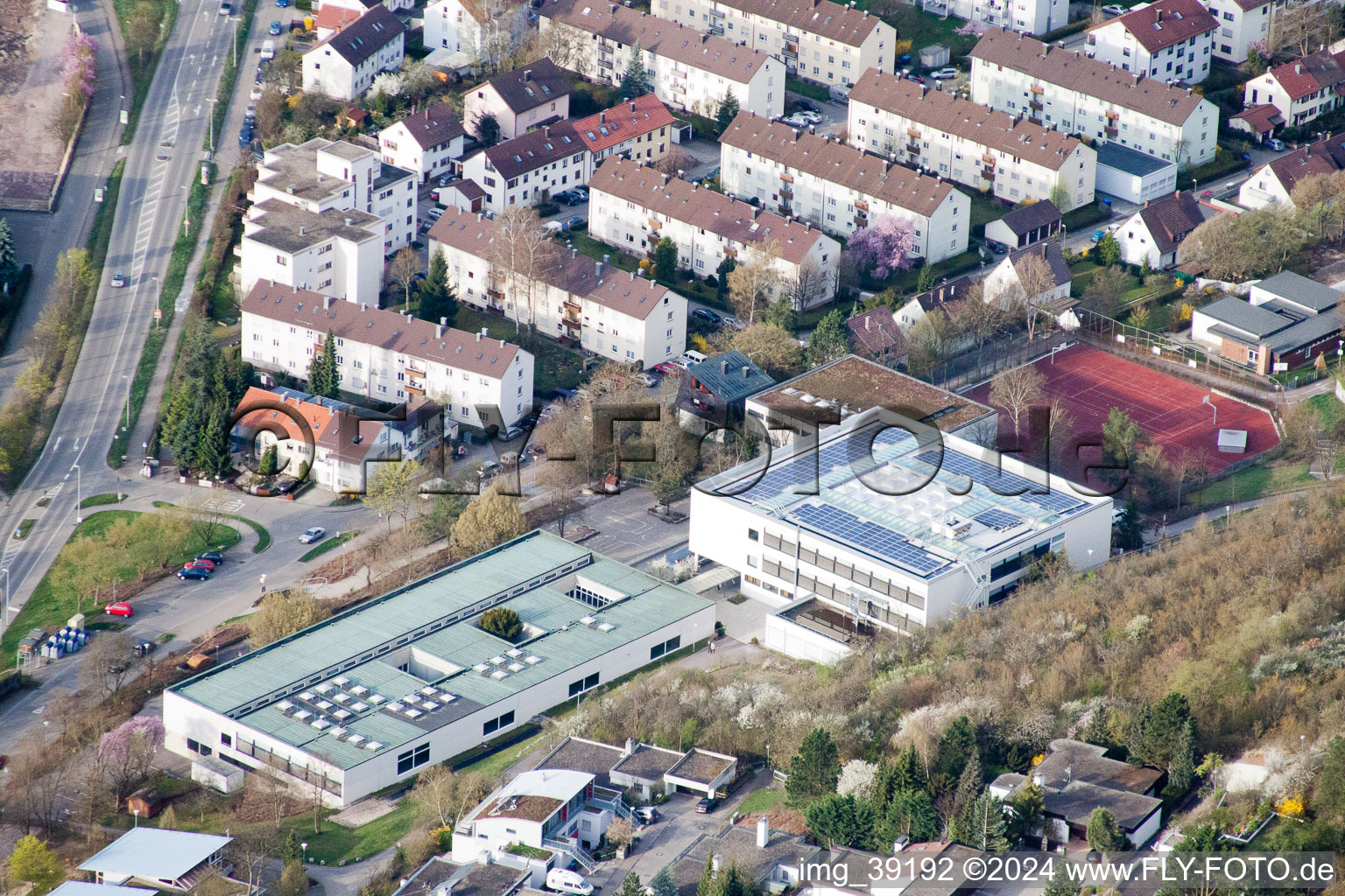 August Lämmle School, Gerlinger Straße in the district Ramtel in Leonberg in the state Baden-Wuerttemberg, Germany from the drone perspective