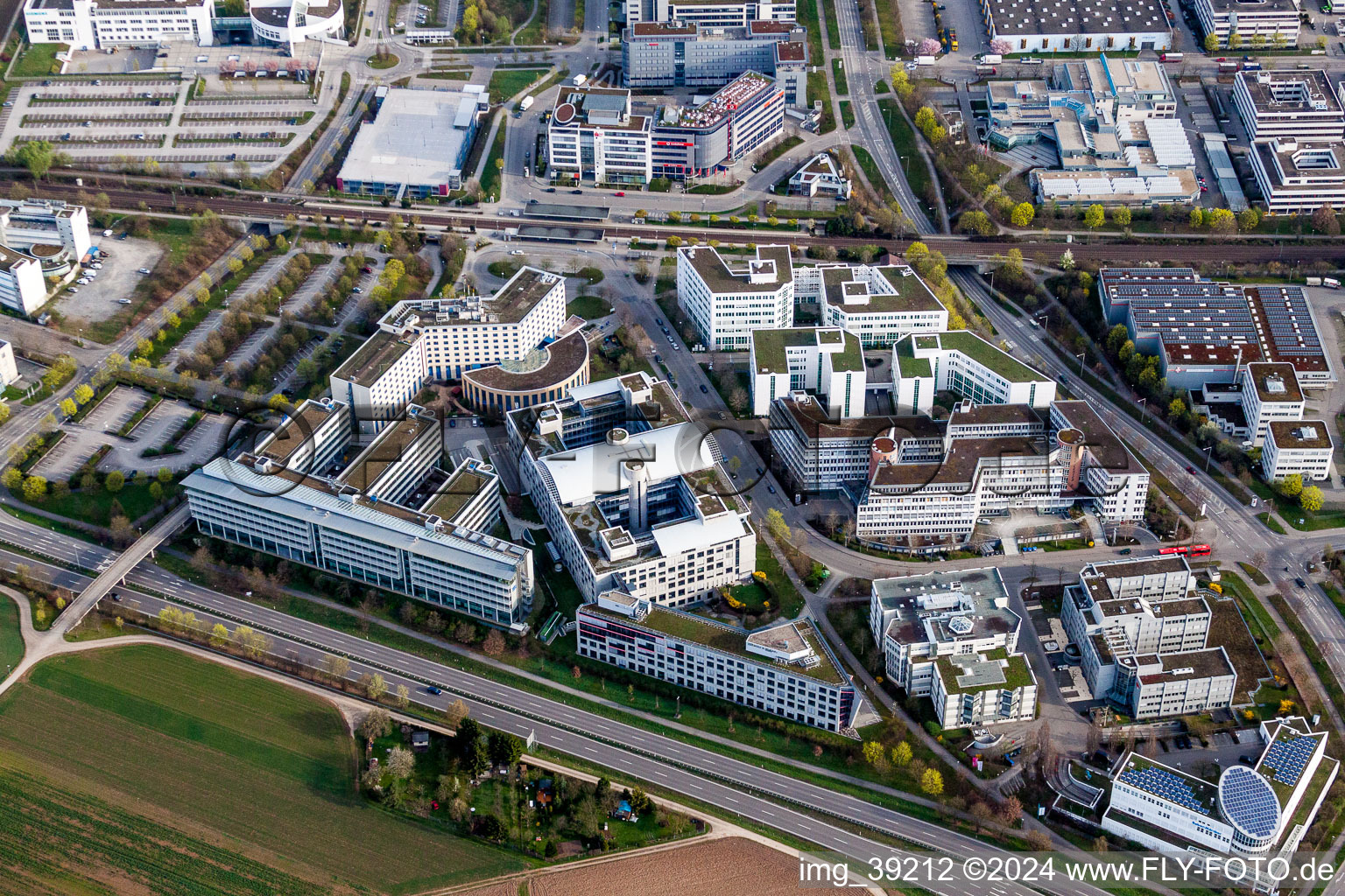 Aerial view of Industrial estate and company settlement with Holiday Inn Stuttgart and VPV Versicherungen in Stuttgart in the state Baden-Wurttemberg, Germany