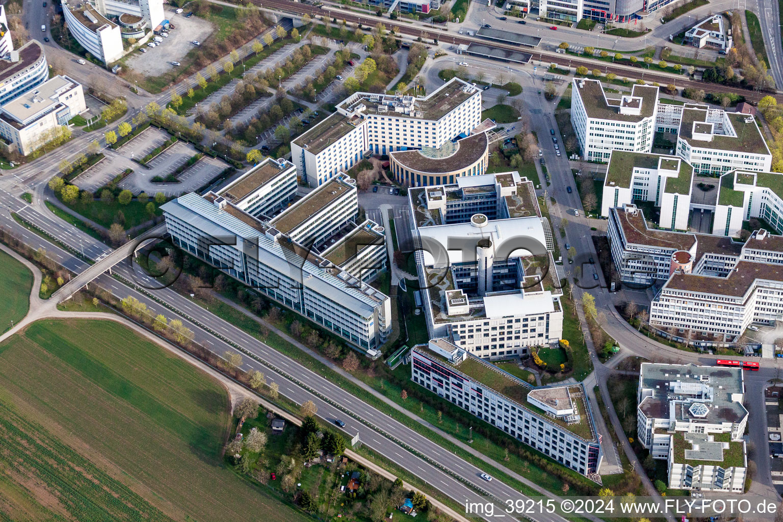 Aerial photograpy of Industrial estate and company settlement with Holiday Inn Stuttgart and VPV Versicherungen in Stuttgart in the state Baden-Wurttemberg, Germany