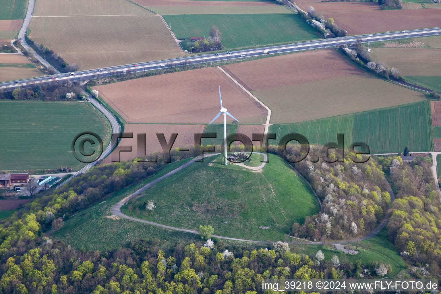 Aerial view of Wind turbine windmills on a field in the district Korntal in Korntal-Muenchingen in the state Baden-Wurttemberg