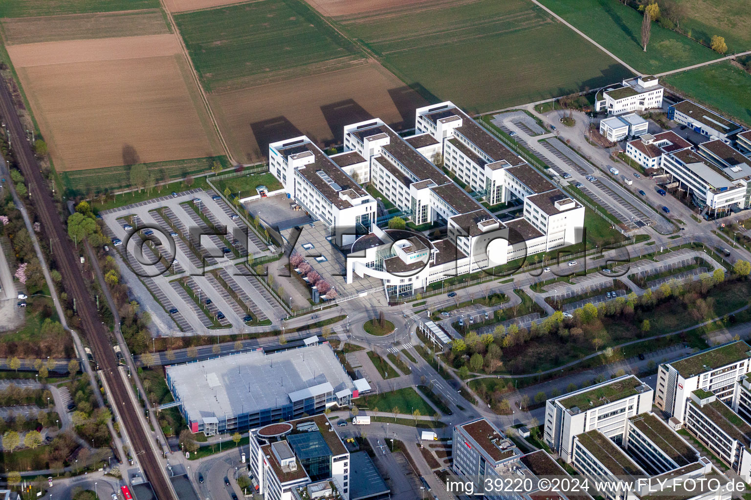 Aerial view of Administration building of the company of Siemens AG in Weilimdorf in the state Baden-Wurttemberg, Germany