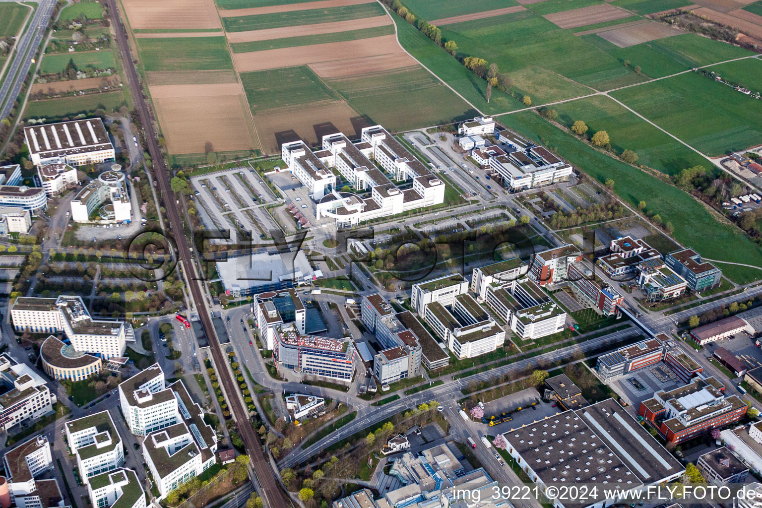 Aerial photograpy of Administration building of the company of Siemens AG in Weilimdorf in the state Baden-Wurttemberg, Germany