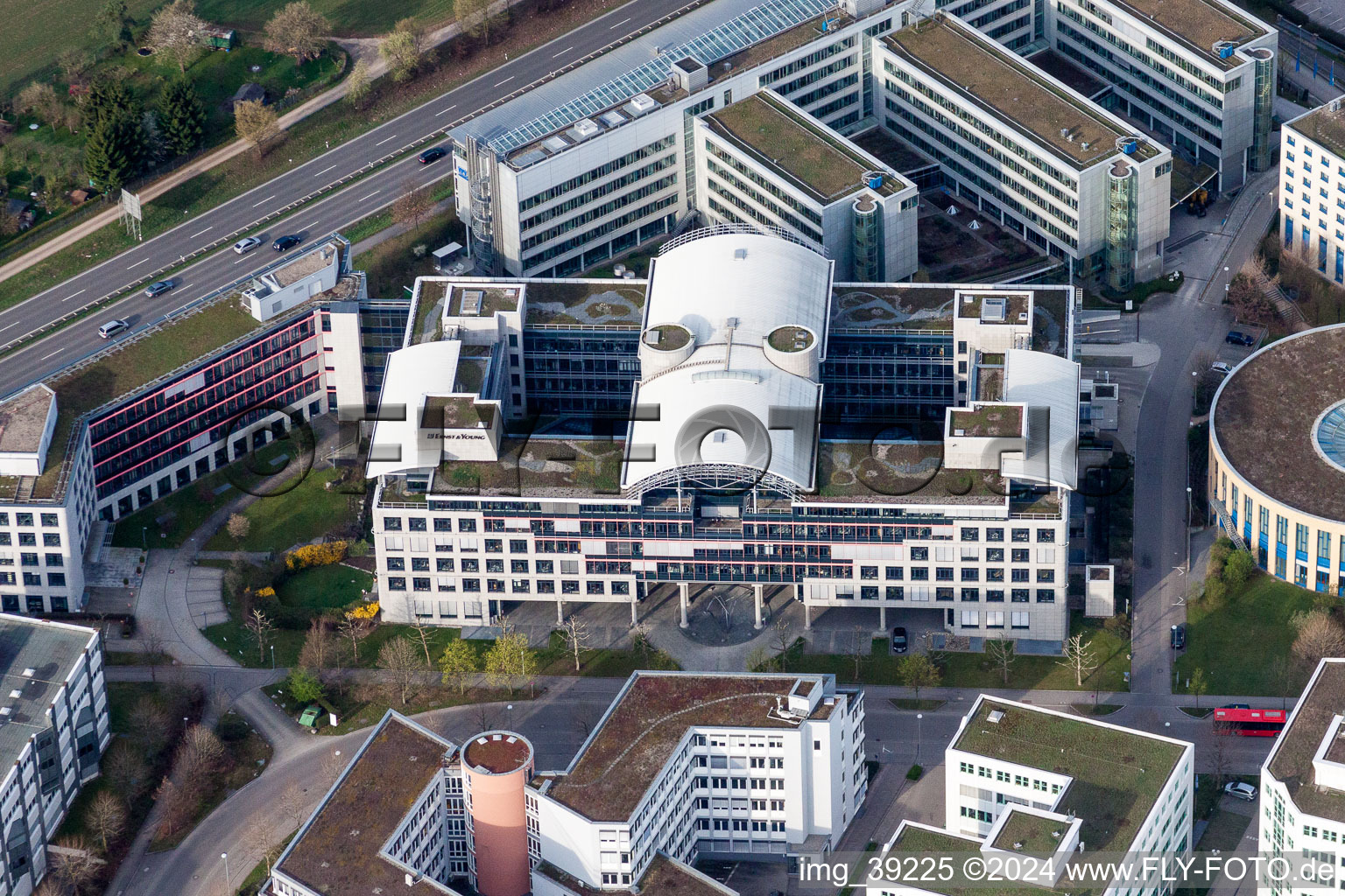Aerial view of Administration building of the company of Dr. Ing. h.c. F. Porsche AG in Weilimdorf in the state Baden-Wurttemberg, Germany