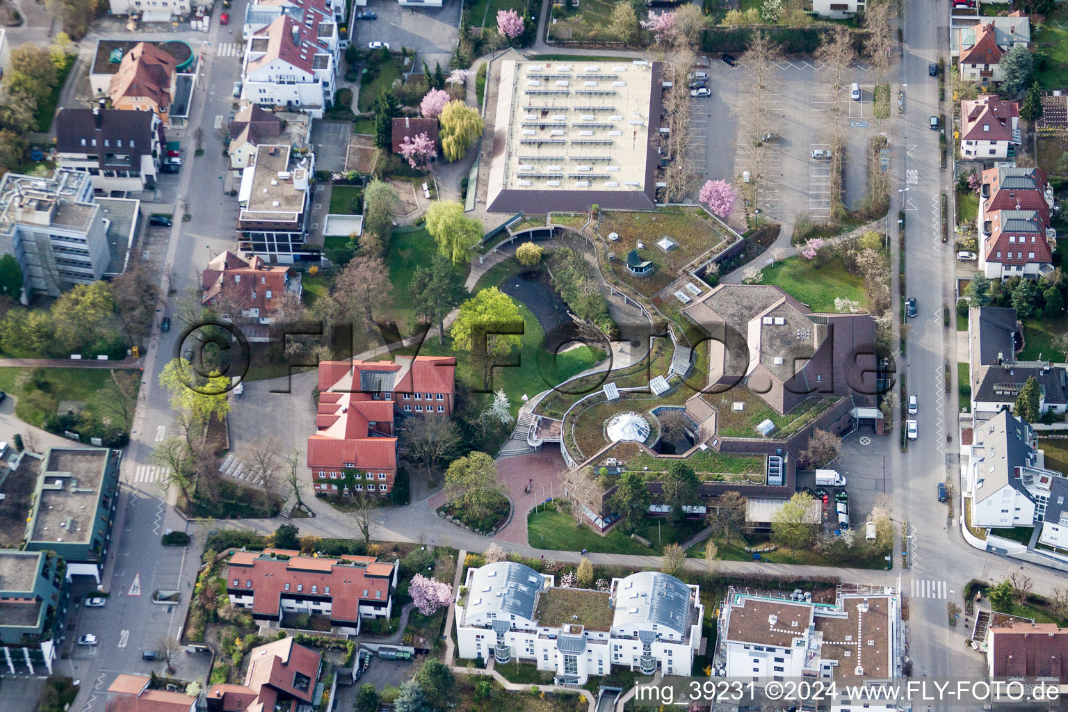 Aerial view of Building of the indoor arena Stadthalle Korntal in the district Korntal in Korntal-Muenchingen in the state Baden-Wurttemberg, Germany