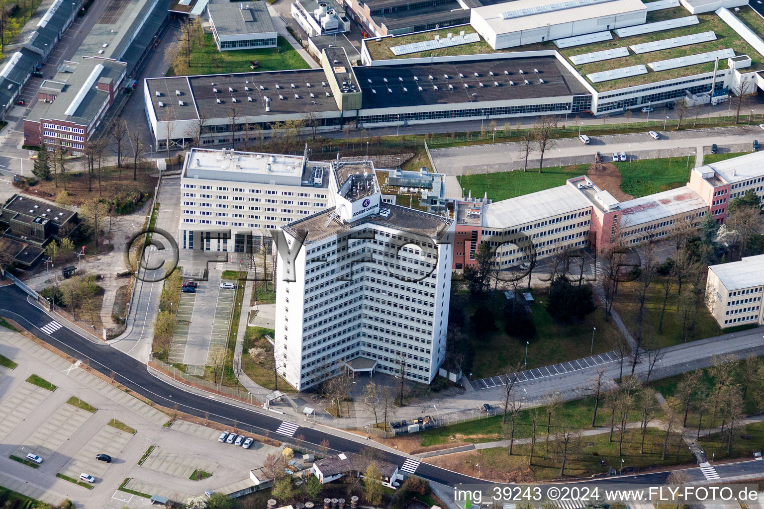 Aerial view of Office and administration buildings of the insurance company Nokia Stuttgart and BBK BVU in Zuffenhausen in the state Baden-Wurttemberg, Germany