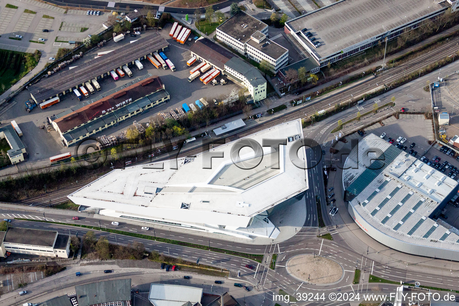 Aerial view of Industrial monument of the technical plants and production halls and the Porsche Museum in Zuffenhausen in the state Baden-Wurttemberg, Germany