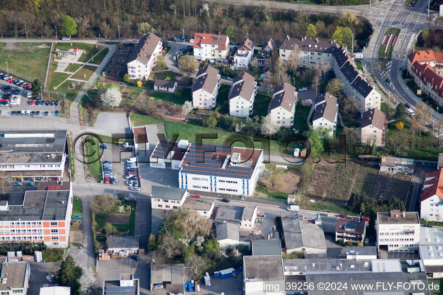 Aerial view of Langro Chemie, Porschestrasse 12 in the district Zuffenhausen in Stuttgart in the state Baden-Wuerttemberg, Germany