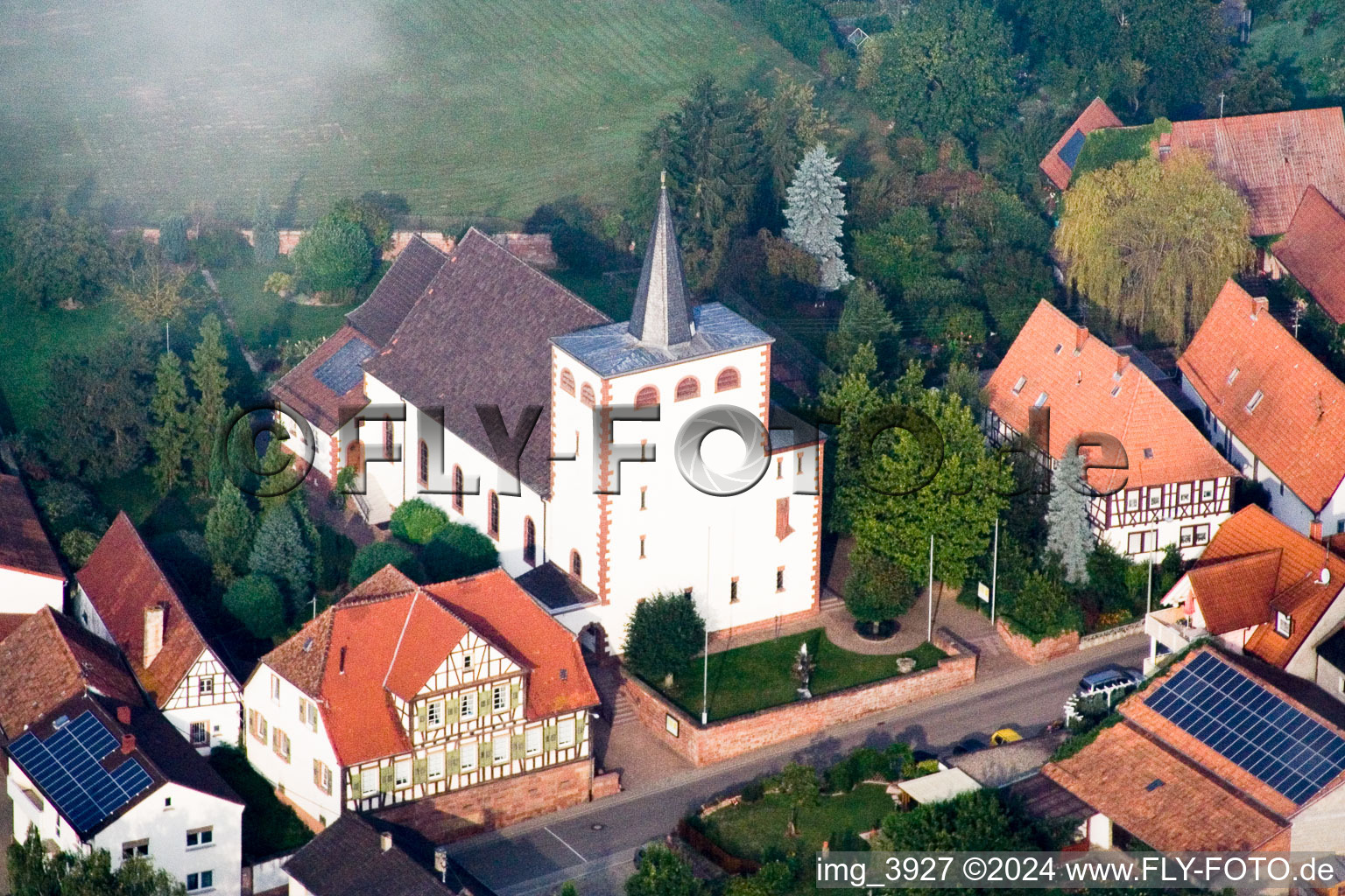 Aerial photograpy of Catholic Church in Minfeld in the state Rhineland-Palatinate, Germany