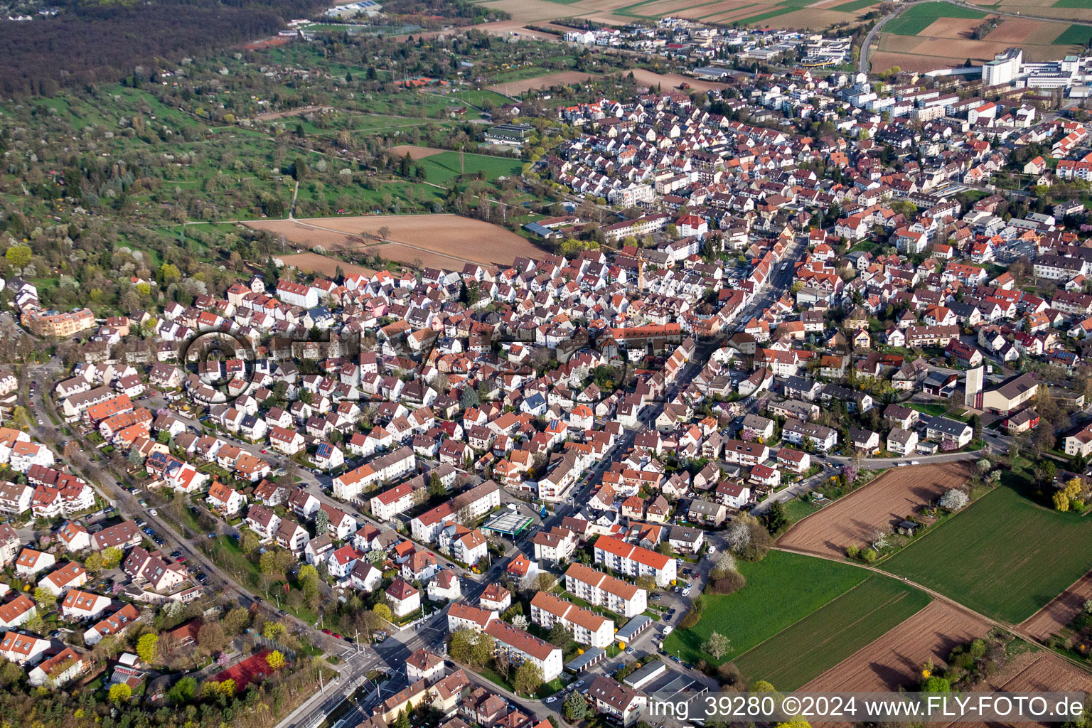 Aerial view of Town View of the streets and houses of the residential areas in Stammheim in the state Baden-Wurttemberg, Germany