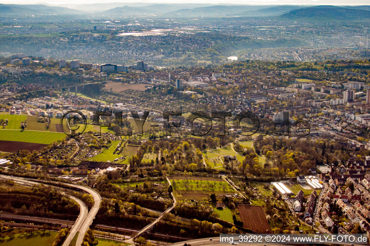 Oblique view of District Zuffenhausen in Stuttgart in the state Baden-Wuerttemberg, Germany